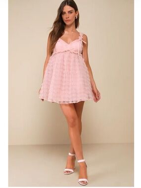 Lulus Pretty Sweetheart Pink Tulle Applique Bow Babydoll Mini Dress Large